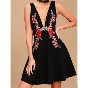 Black Floral Embroidered Plunging Skater Dress